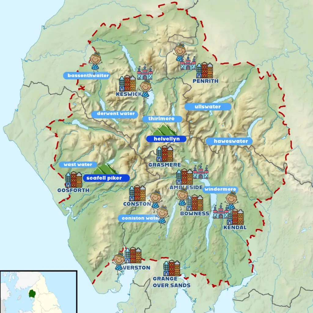 Lake District map showing main towns, lakes and best places for kids.