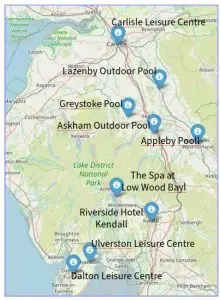 map of the Lake District showing family swimming pools open to the public
